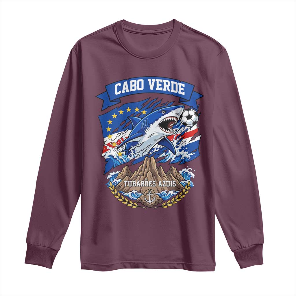 Cabo Verde Tubarões Azuis Soccer Pride Long Sleeve Shirt Cape Verde Blue Sharks Football Fans TS02 Maroon Print Your Wear