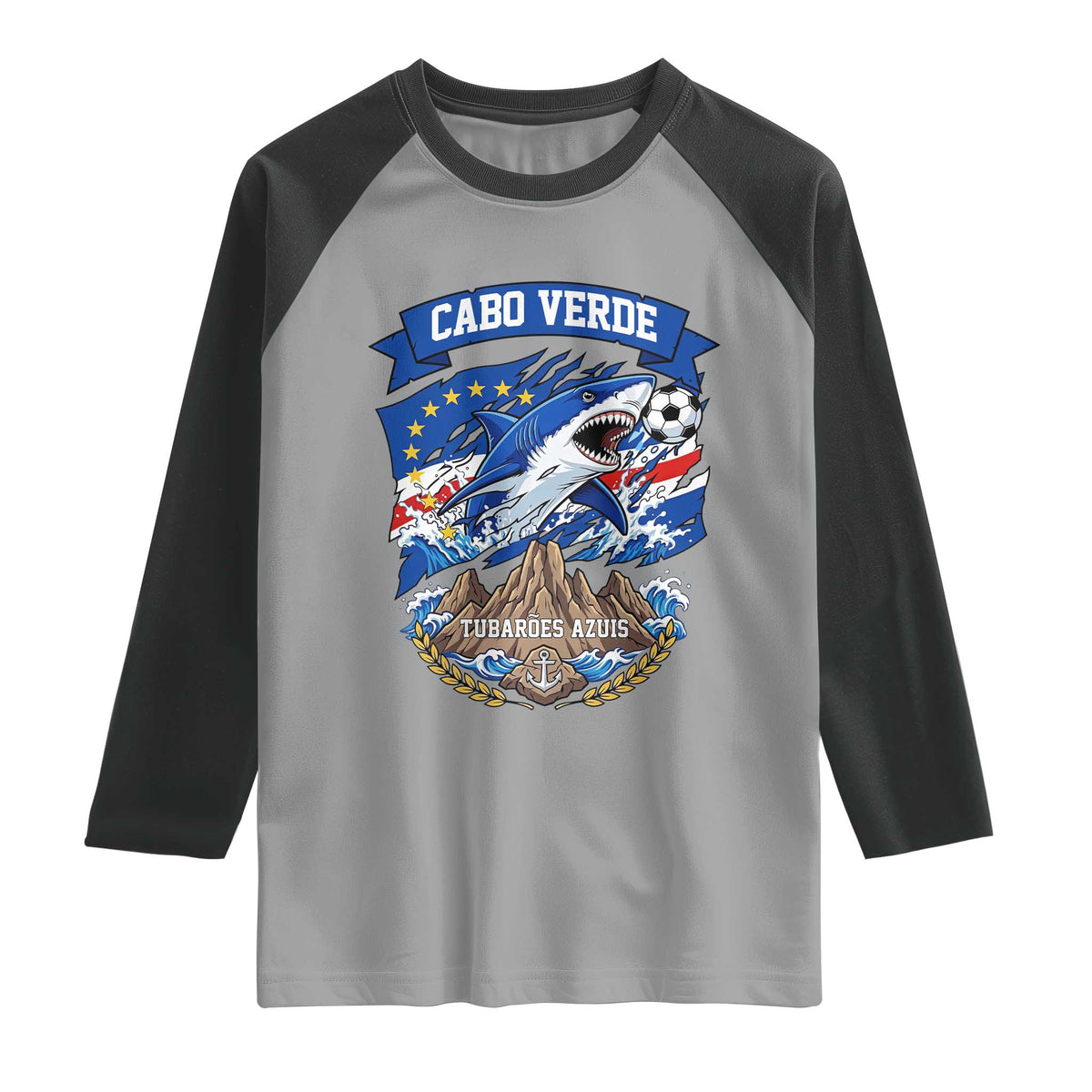 Cabo Verde Tubarões Azuis Soccer Pride Raglan Shirt Cape Verde Blue Sharks Football Fans TS02 Sport Gray Black Print Your Wear