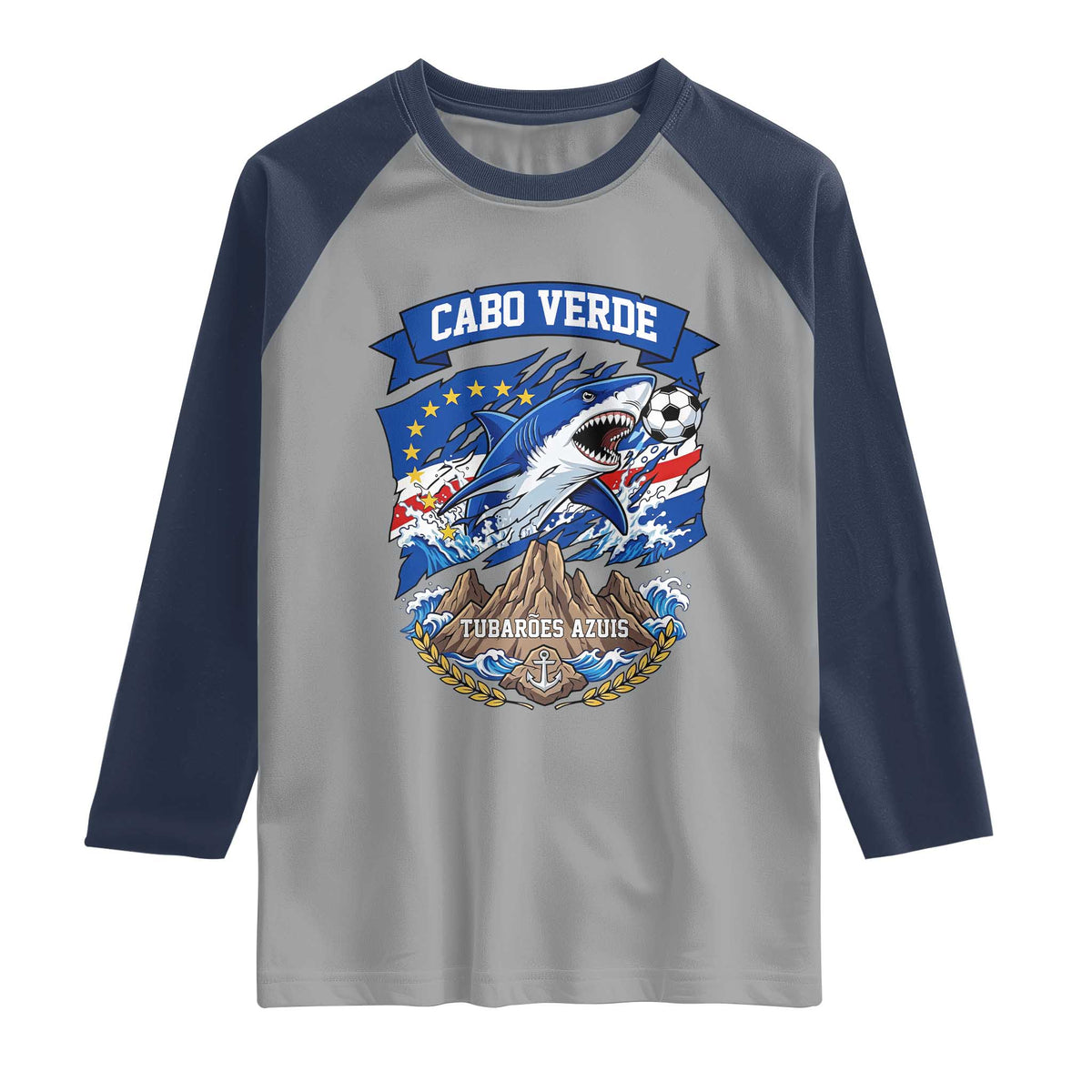 Cabo Verde Tubarões Azuis Soccer Pride Raglan Shirt Cape Verde Blue Sharks Football Fans TS02 Sport Gray Navy Print Your Wear