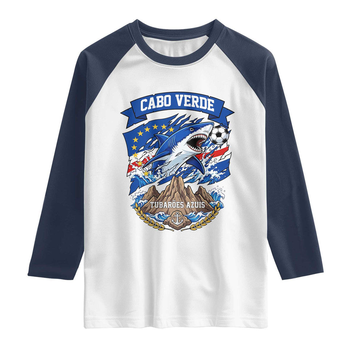 Cabo Verde Tubarões Azuis Soccer Pride Raglan Shirt Cape Verde Blue Sharks Football Fans TS02 White Navy Print Your Wear