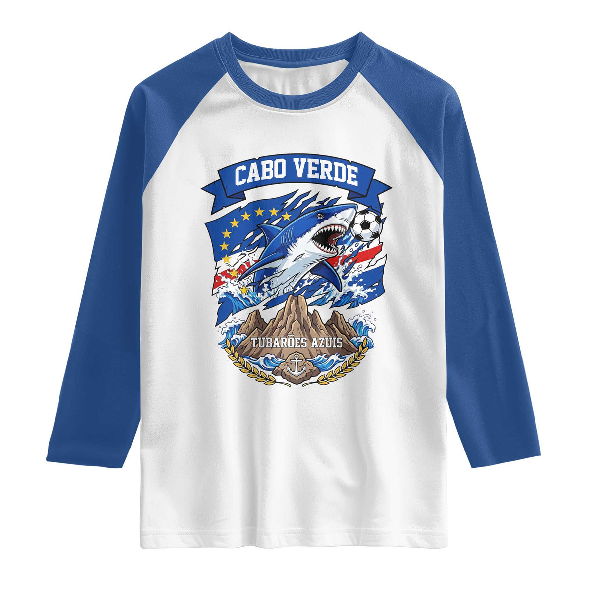 Cabo Verde Tubarões Azuis Soccer Pride Raglan Shirt Cape Verde Blue Sharks Football Fans TS02 White Royal Print Your Wear