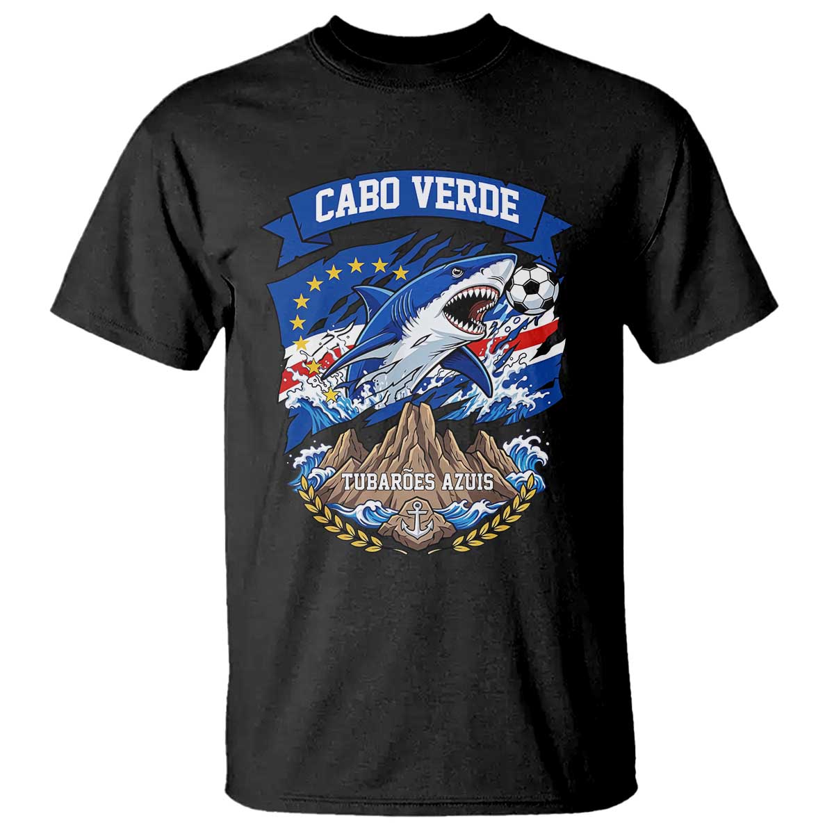 Cabo Verde Tubarões Azuis Soccer Pride T Shirt Cape Verde Blue Sharks Football Fans TS02 Black Print Your Wear