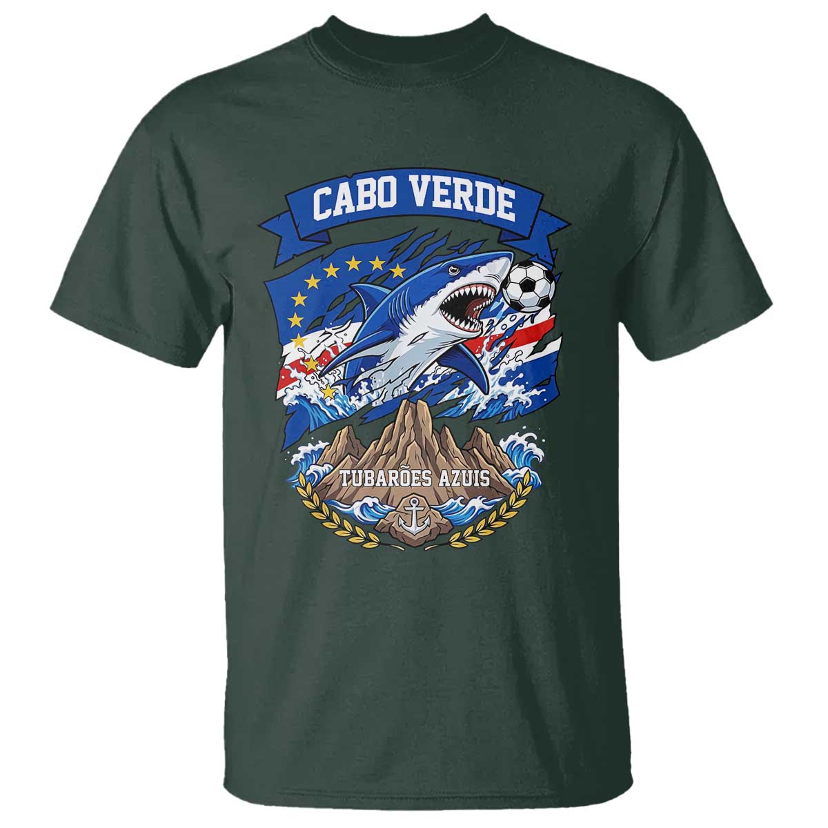 Cabo Verde Tubarões Azuis Soccer Pride T Shirt Cape Verde Blue Sharks Football Fans TS02 Dark Forest Green Print Your Wear