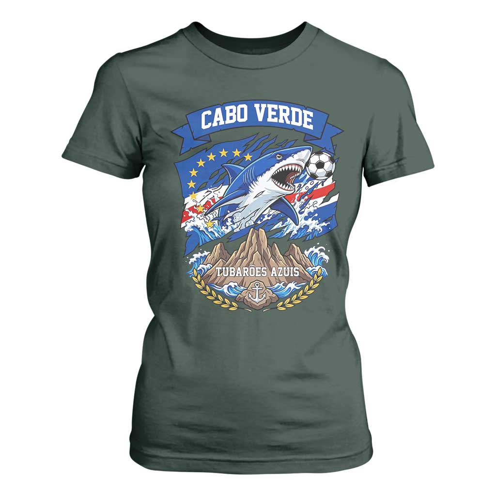 Cabo Verde Tubarões Azuis Soccer Pride T Shirt For Women Cape Verde Blue Sharks Football Fans TS02 Dark Forest Green Print Your Wear
