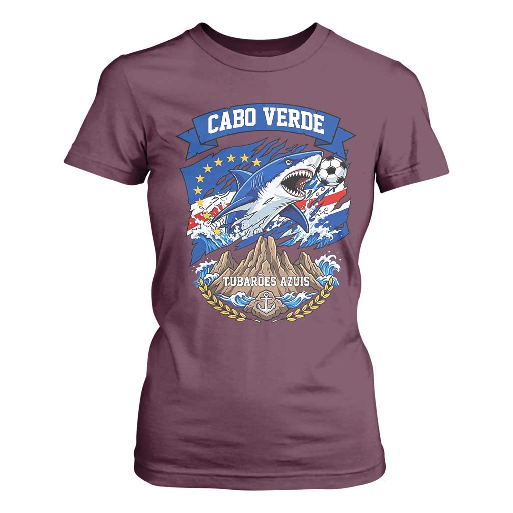 Cabo Verde Tubarões Azuis Soccer Pride T Shirt For Women Cape Verde Blue Sharks Football Fans TS02 Maroon Print Your Wear