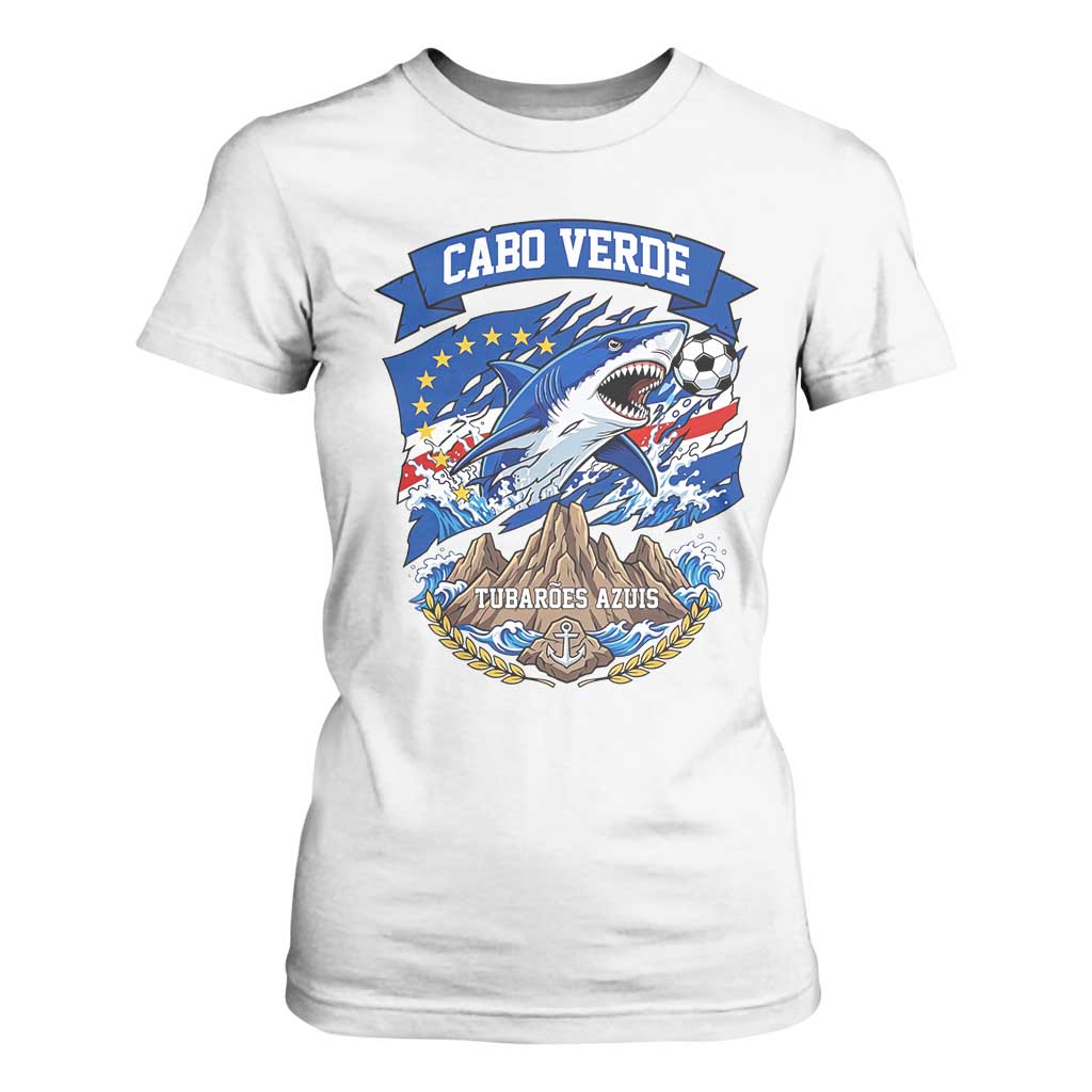 Cabo Verde Tubarões Azuis Soccer Pride T Shirt For Women Cape Verde Blue Sharks Football Fans TS02 White Print Your Wear