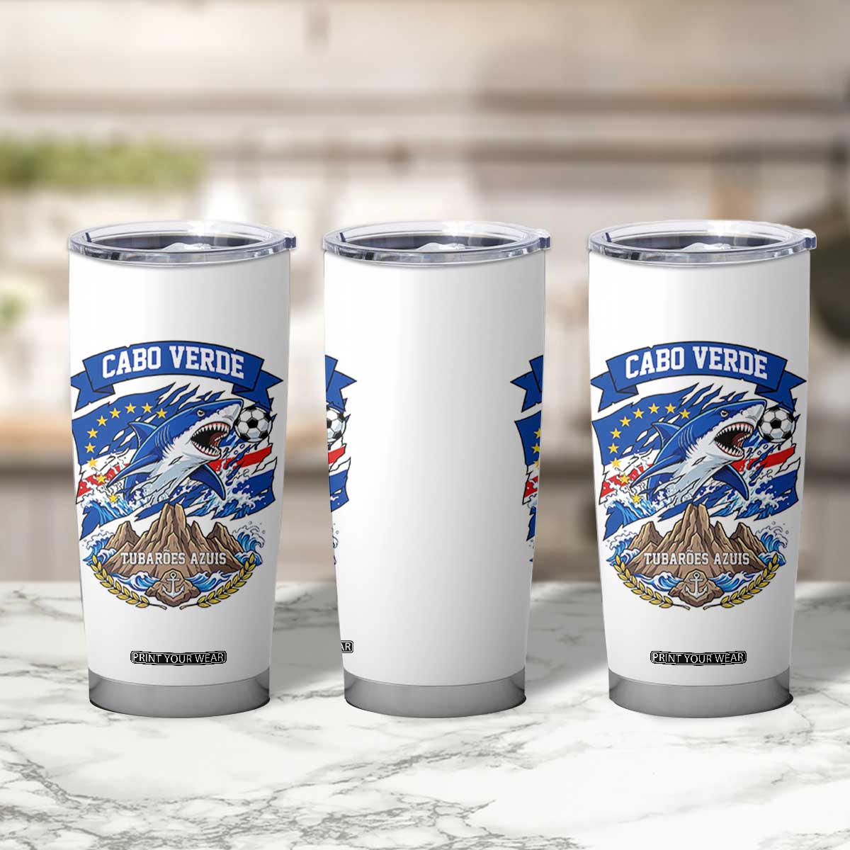Cabo Verde Tubarões Azuis Soccer Pride Tumbler Cup Cape Verde Blue Sharks Football Fans TS02 Print Your Wear