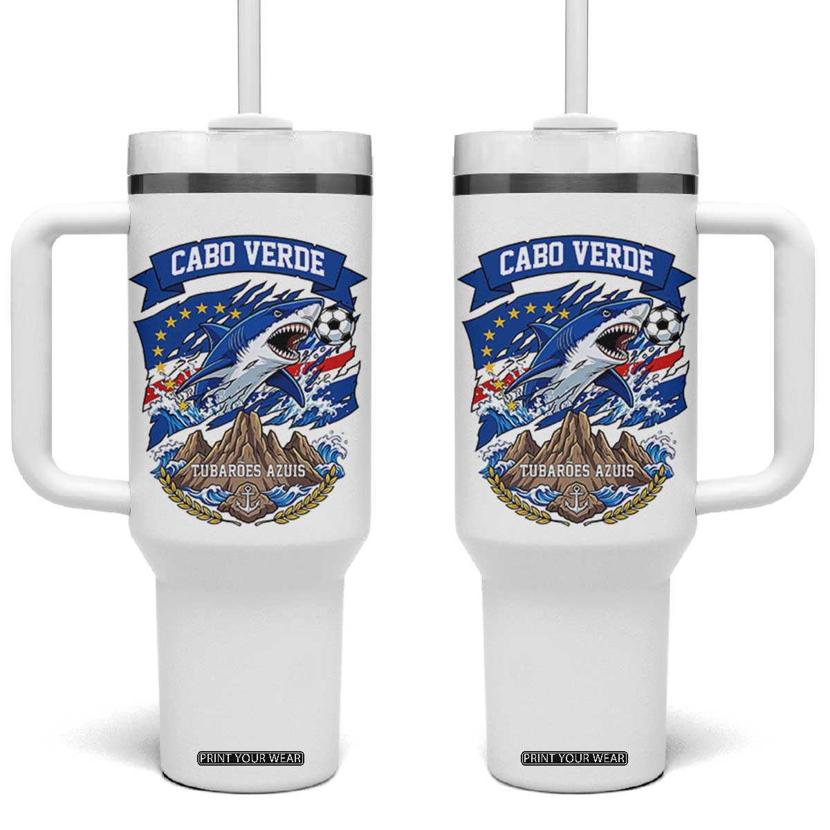 Cabo Verde Tubarões Azuis Soccer Pride Tumbler With Handle Cape Verde Blue Sharks Football Fans TS02 One Size: 40 oz White Print Your Wear