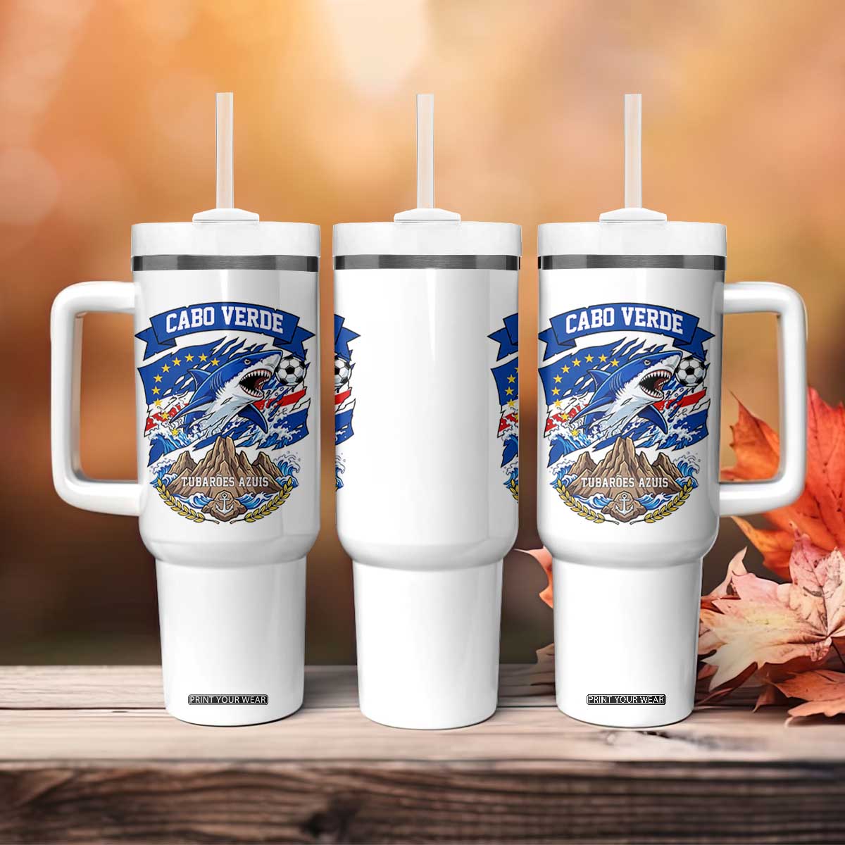 Cabo Verde Tubarões Azuis Soccer Pride Tumbler With Handle Cape Verde Blue Sharks Football Fans TS02 Print Your Wear