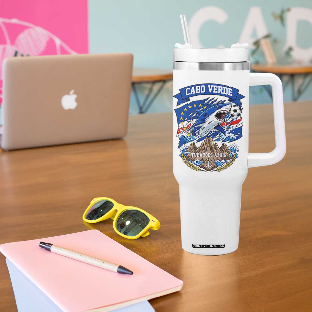 Cabo Verde Tubarões Azuis Soccer Pride Tumbler With Handle Cape Verde Blue Sharks Football Fans TS02 Print Your Wear