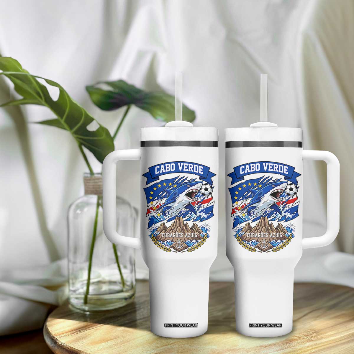 Cabo Verde Tubarões Azuis Soccer Pride Tumbler With Handle Cape Verde Blue Sharks Football Fans TS02 Print Your Wear