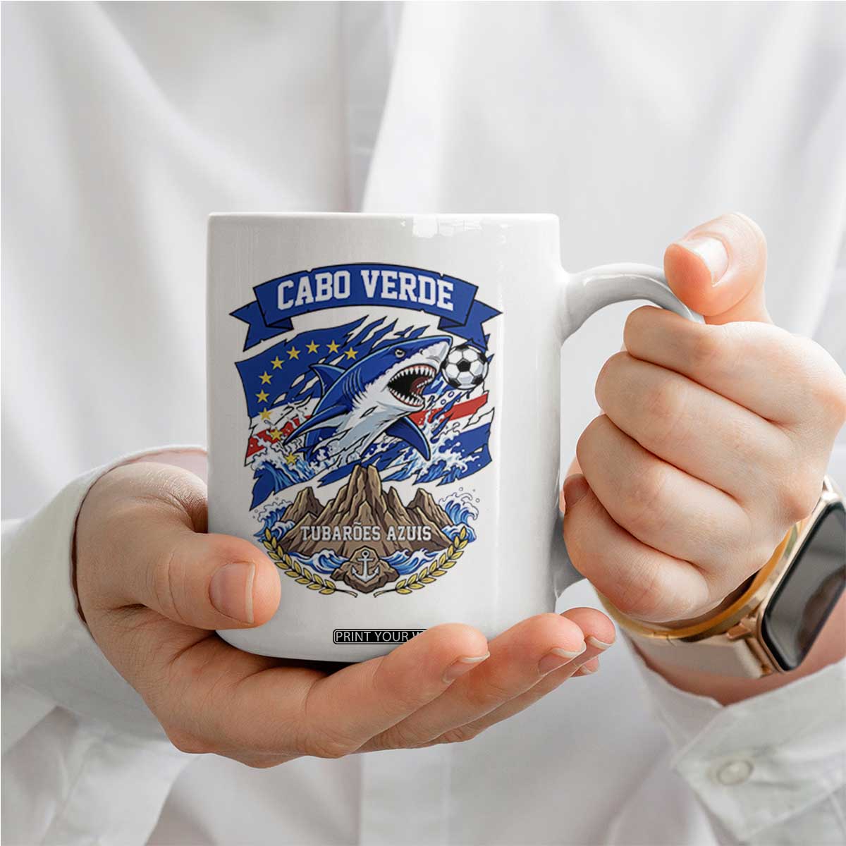 Cabo Verde Tubarões Azuis Soccer Pride Coffee Mug Cape Verde Blue Sharks Football Fans TS02 Print Your Wear