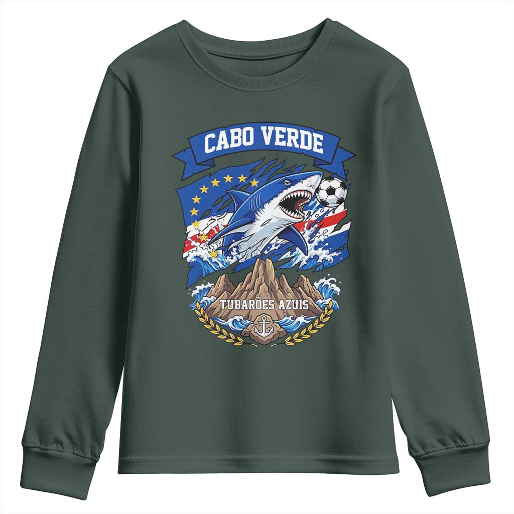 Cabo Verde Tubarões Azuis Soccer Pride Youth Sweatshirt Cape Verde Blue Sharks Football Fans TS02 Dark Forest Green Print Your Wear