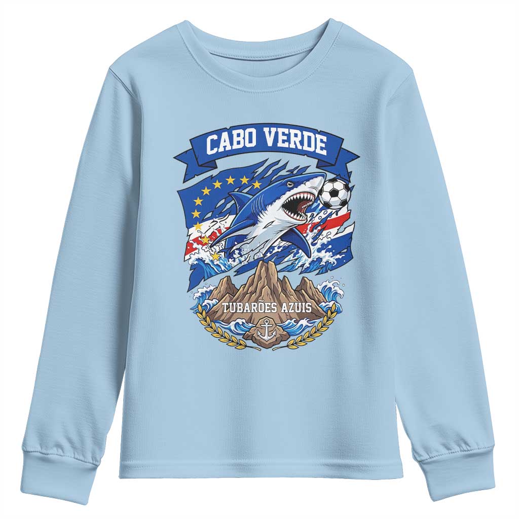 Cabo Verde Tubarões Azuis Soccer Pride Youth Sweatshirt Cape Verde Blue Sharks Football Fans TS02 Light Blue Print Your Wear