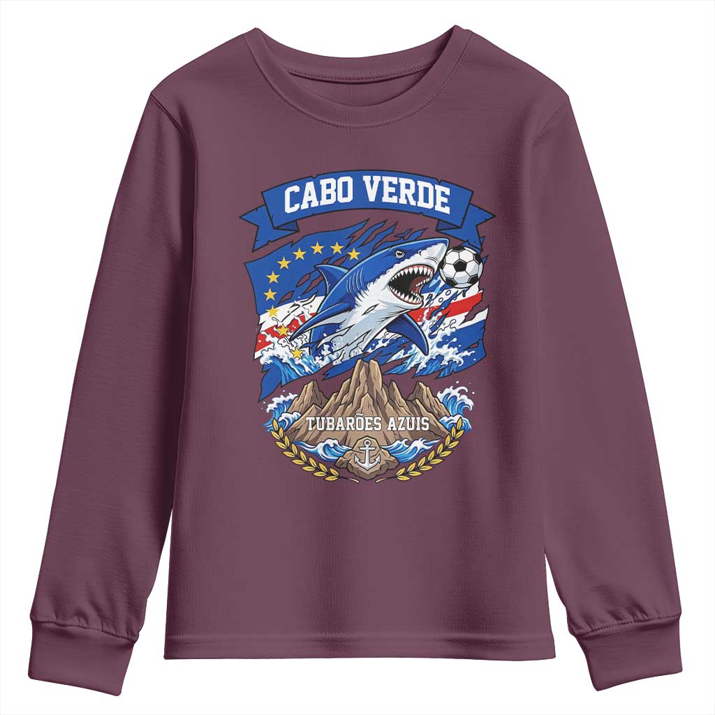 Cabo Verde Tubarões Azuis Soccer Pride Youth Sweatshirt Cape Verde Blue Sharks Football Fans TS02 Maroon Print Your Wear