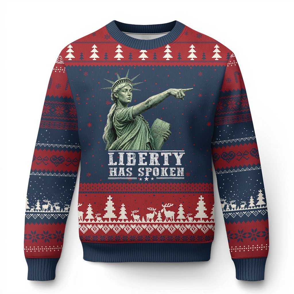 Liberty Has Spoken Pointing Statue Parody Ugly Christmas Sweater Funny Sarcastic Basketball Sports Viral Meme Americana TS02 Navy Red Print Your Wear