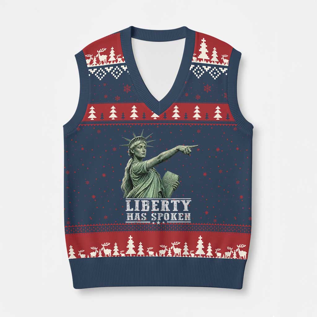 Liberty Has Spoken Pointing Statue Parody V-Neck Knit Sweater Vest Funny Sarcastic Basketball Sports Viral Meme Americana TS02 Navy Red Print Your Wear