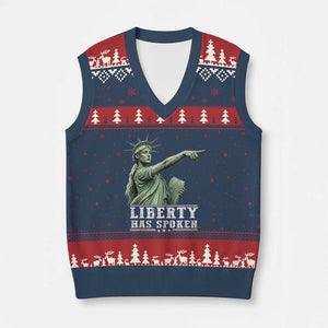 Liberty Has Spoken Pointing Statue Parody V-Neck Knit Sweater Vest Funny Sarcastic Basketball Sports Viral Meme Americana TS02 Navy Red Print Your Wear
