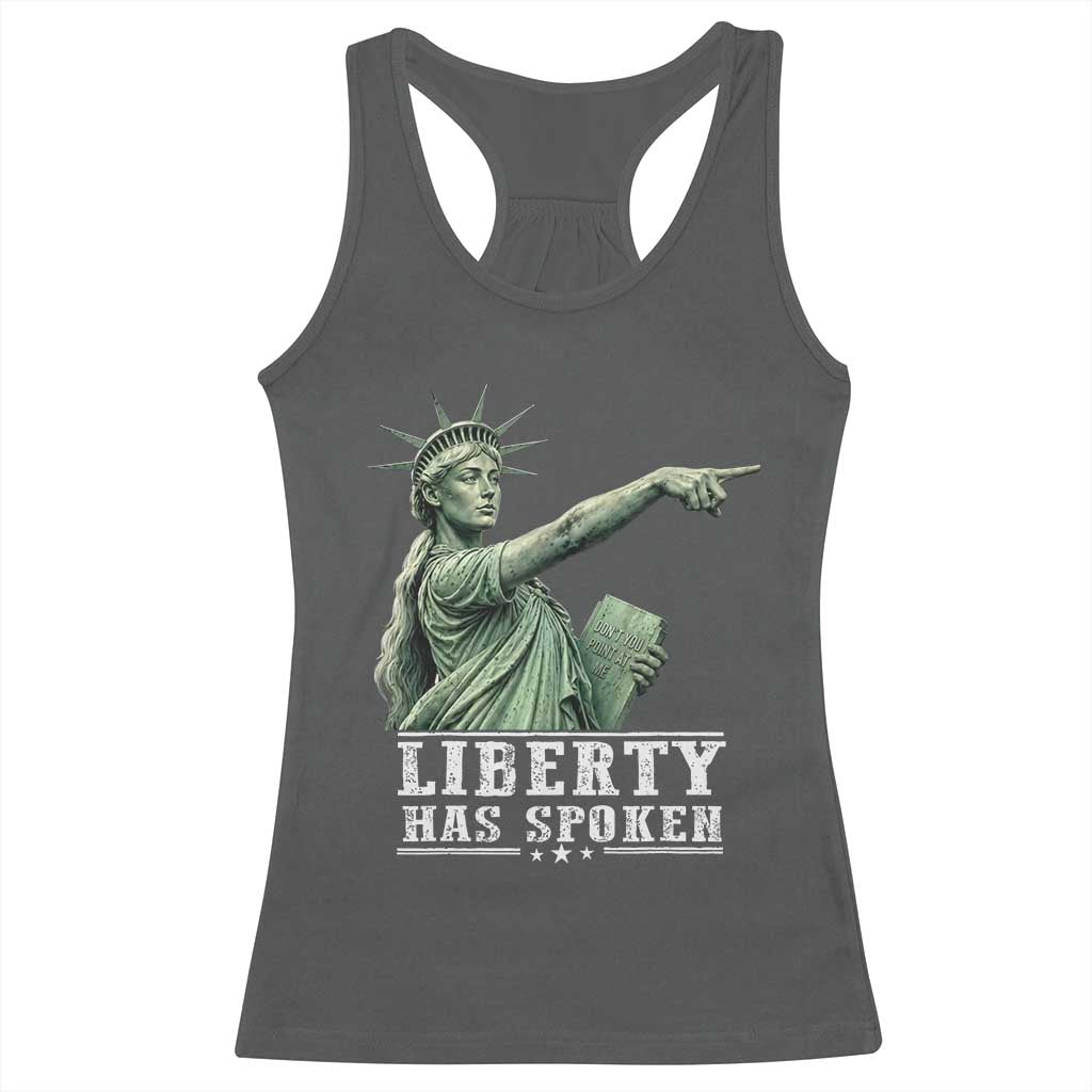 Liberty Has Spoken Pointing Statue Parody Racerback Tank Top Funny Sarcastic Basketball Sports Viral Meme Americana TS02 Dark Heather Print Your Wear