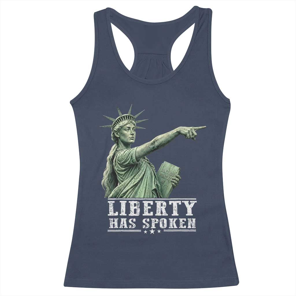 Liberty Has Spoken Pointing Statue Parody Racerback Tank Top Funny Sarcastic Basketball Sports Viral Meme Americana TS02 Navy Print Your Wear