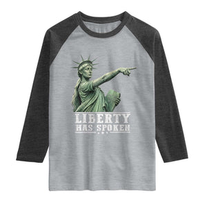 Liberty Has Spoken Pointing Statue Parody Raglan Shirt Funny Sarcastic Basketball Sports Viral Meme Americana TS02 Heather Gray Heather Charcoal Print Your Wear