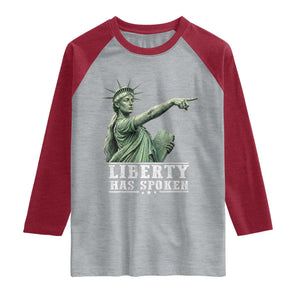 Liberty Has Spoken Pointing Statue Parody Raglan Shirt Funny Sarcastic Basketball Sports Viral Meme Americana TS02 Heather Gray Heather Red Print Your Wear