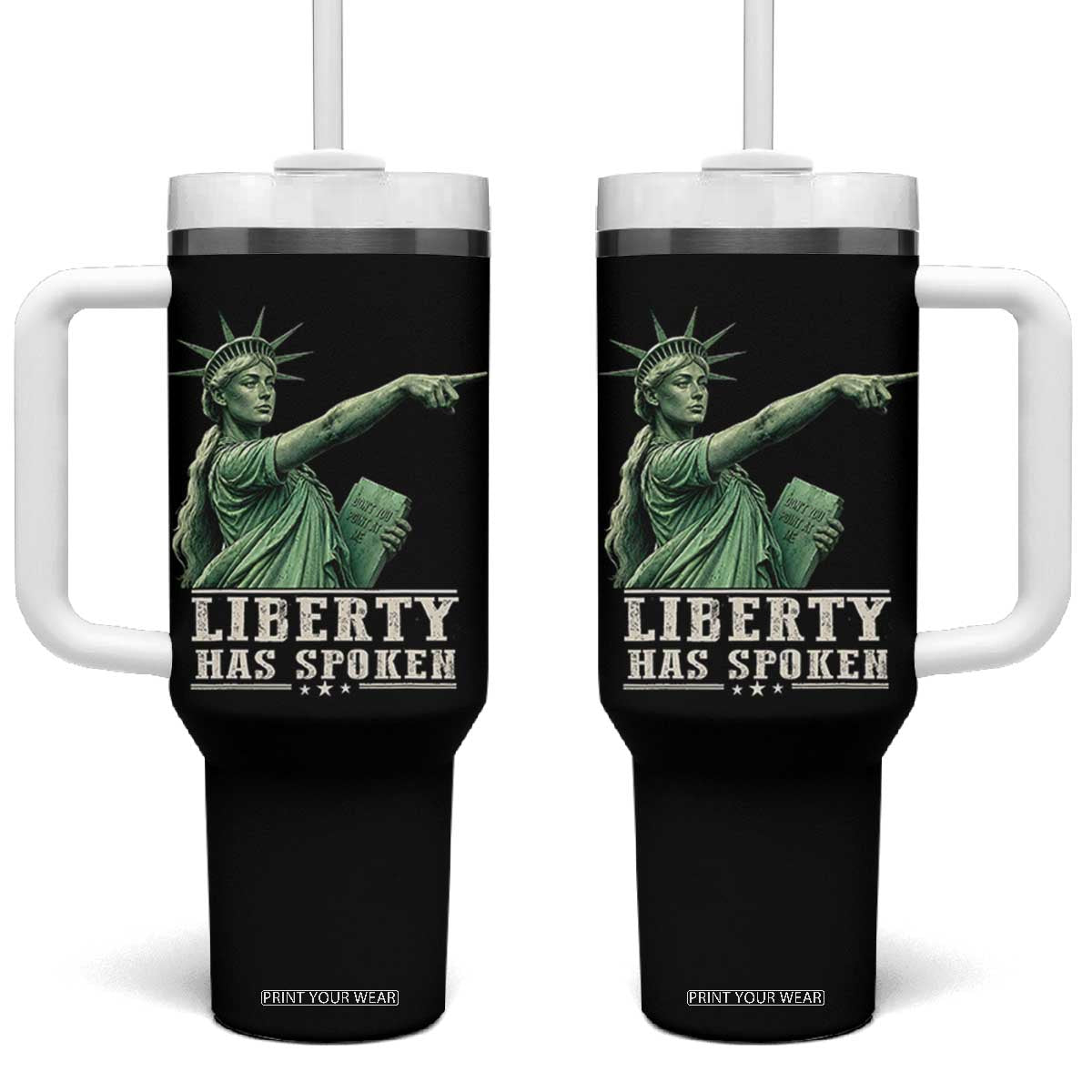 Liberty Has Spoken Pointing Statue Parody Tumbler With Handle Funny Sarcastic Basketball Sports Viral Meme Americana TS02 One Size: 40 oz Black Print Your Wear