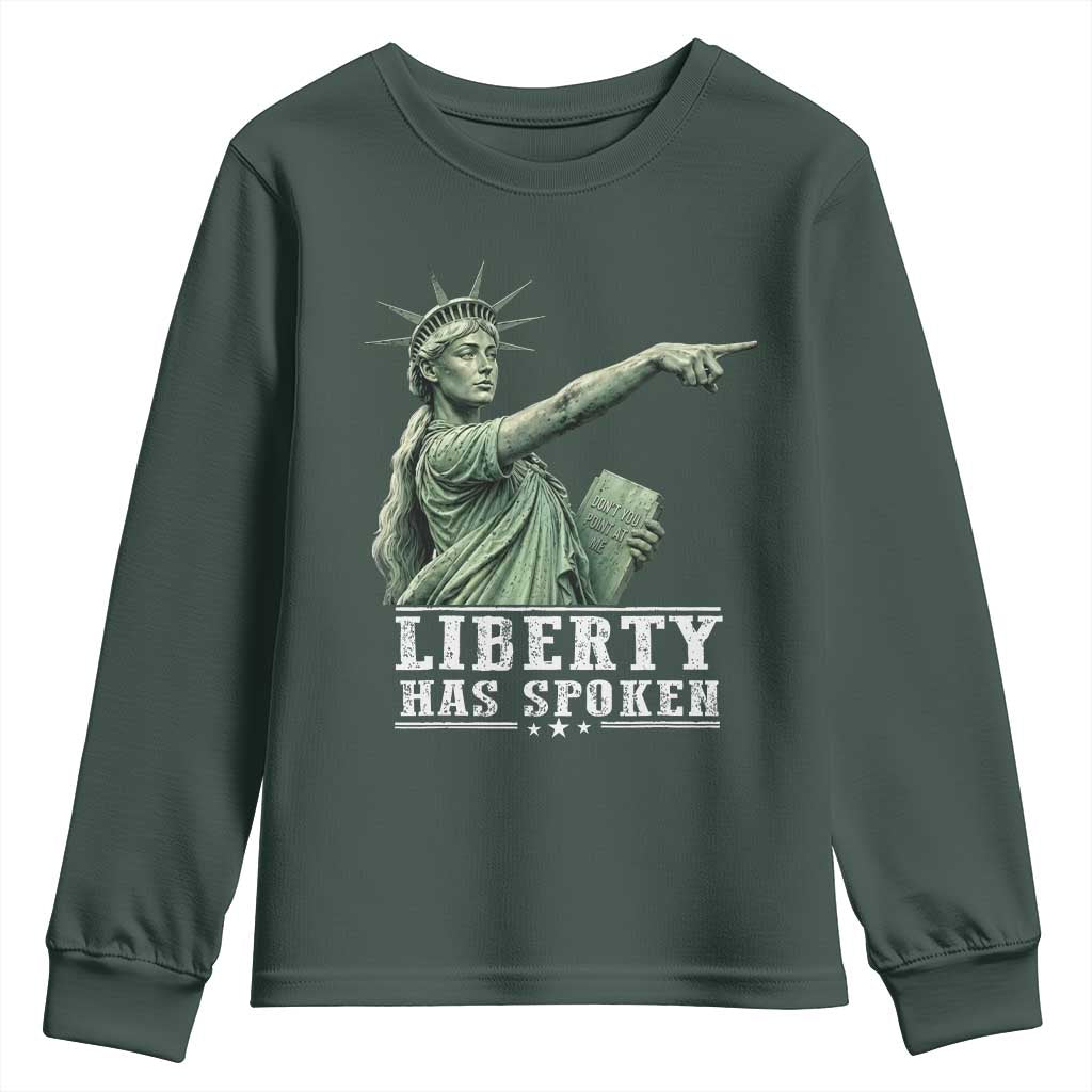Liberty Has Spoken Pointing Statue Parody Youth Sweatshirt Funny Sarcastic Basketball Sports Viral Meme Americana TS02 Dark Forest Green Print Your Wear