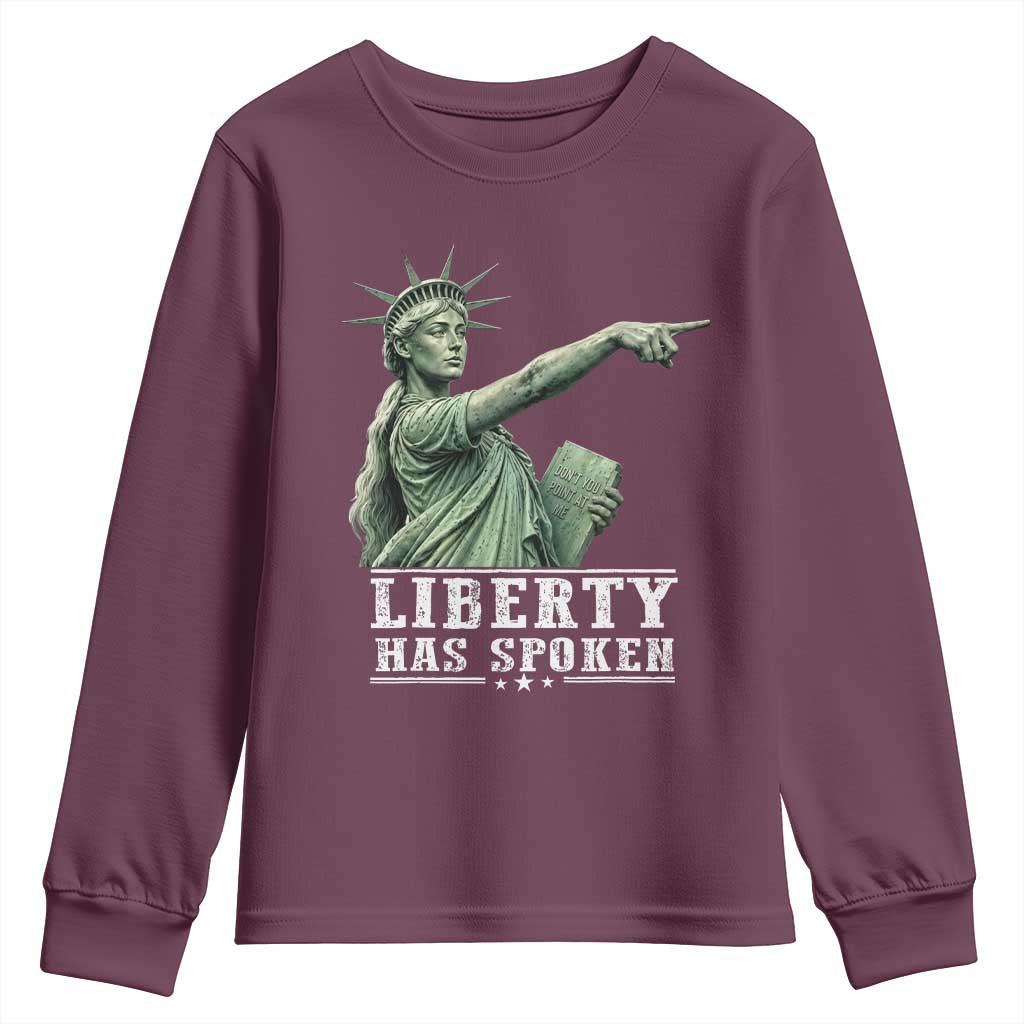 Liberty Has Spoken Pointing Statue Parody Youth Sweatshirt Funny Sarcastic Basketball Sports Viral Meme Americana TS02 Maroon Print Your Wear