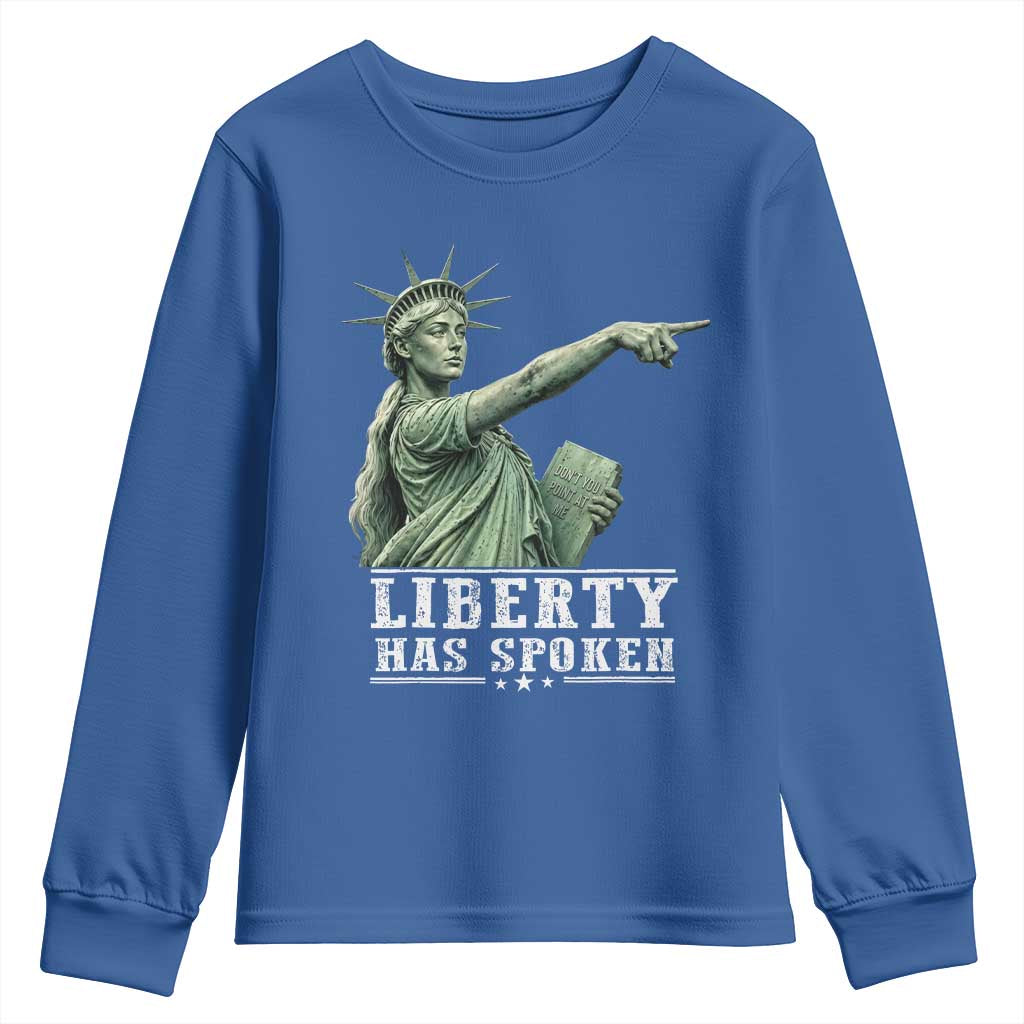 Liberty Has Spoken Pointing Statue Parody Youth Sweatshirt Funny Sarcastic Basketball Sports Viral Meme Americana TS02 Royal Blue Print Your Wear