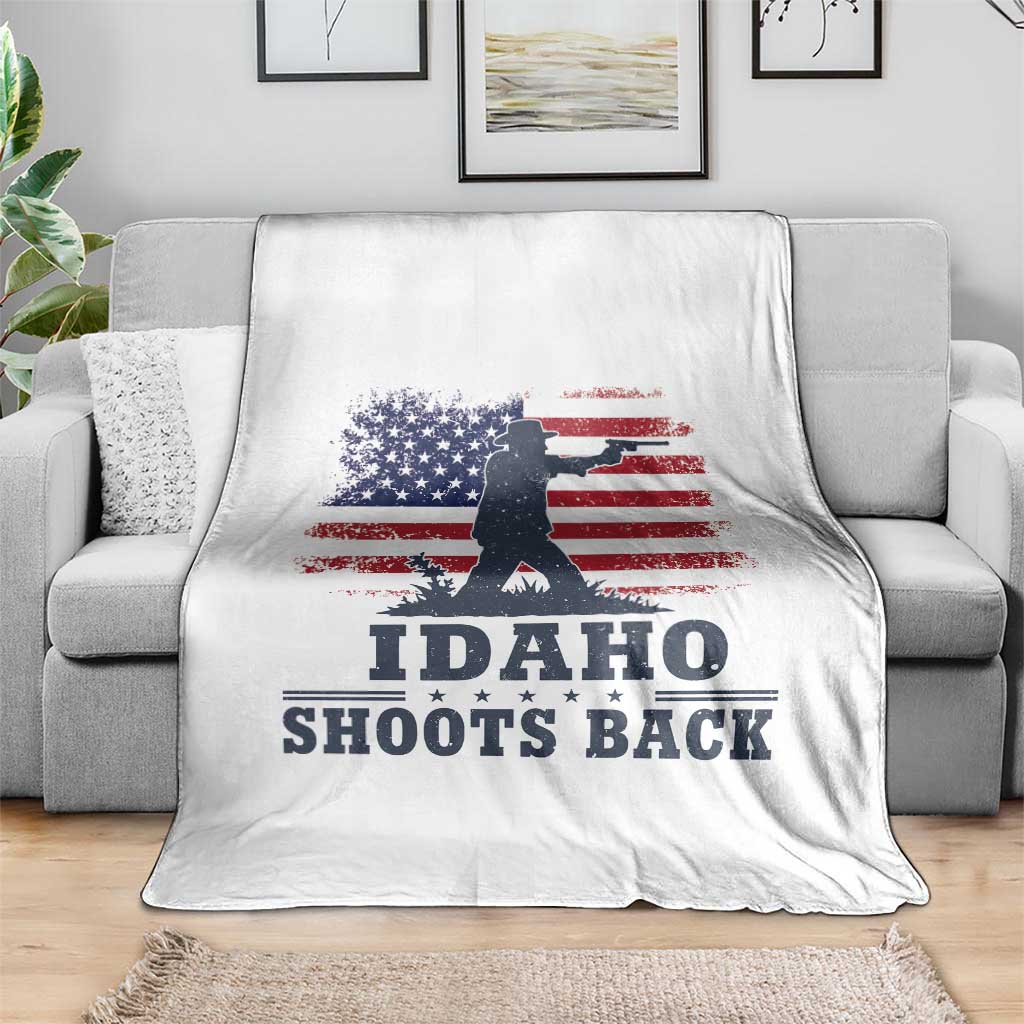 Idaho Shoots Back Distressed American Flag Throw Blanket Cowboy Gunslinger Graphic