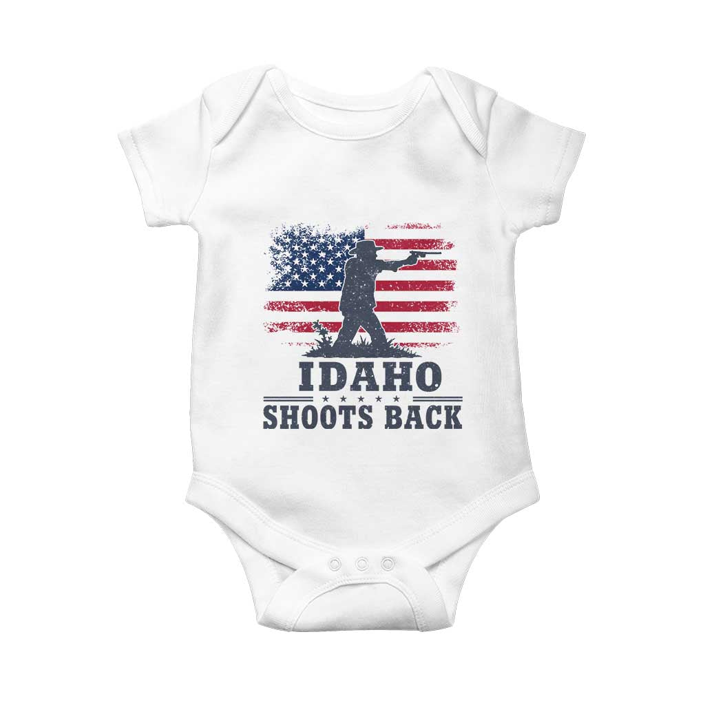 Idaho Shoots Back Distressed American Flag Baby Onesie Cowboy Gunslinger Graphic TS02 White Print Your Wear