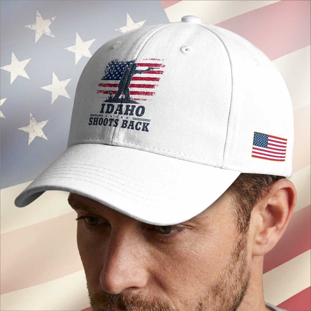 Idaho Shoots Back Distressed American Flag Baseball Cap Cowboy Gunslinger Graphic