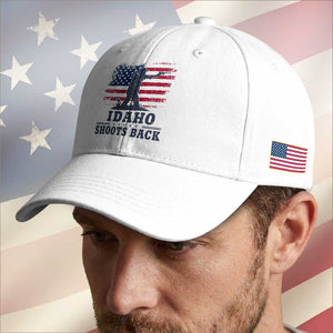 Idaho Shoots Back Distressed American Flag Baseball Cap Cowboy Gunslinger Graphic