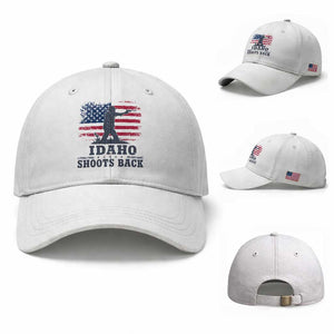 Idaho Shoots Back Distressed American Flag Baseball Cap Cowboy Gunslinger Graphic