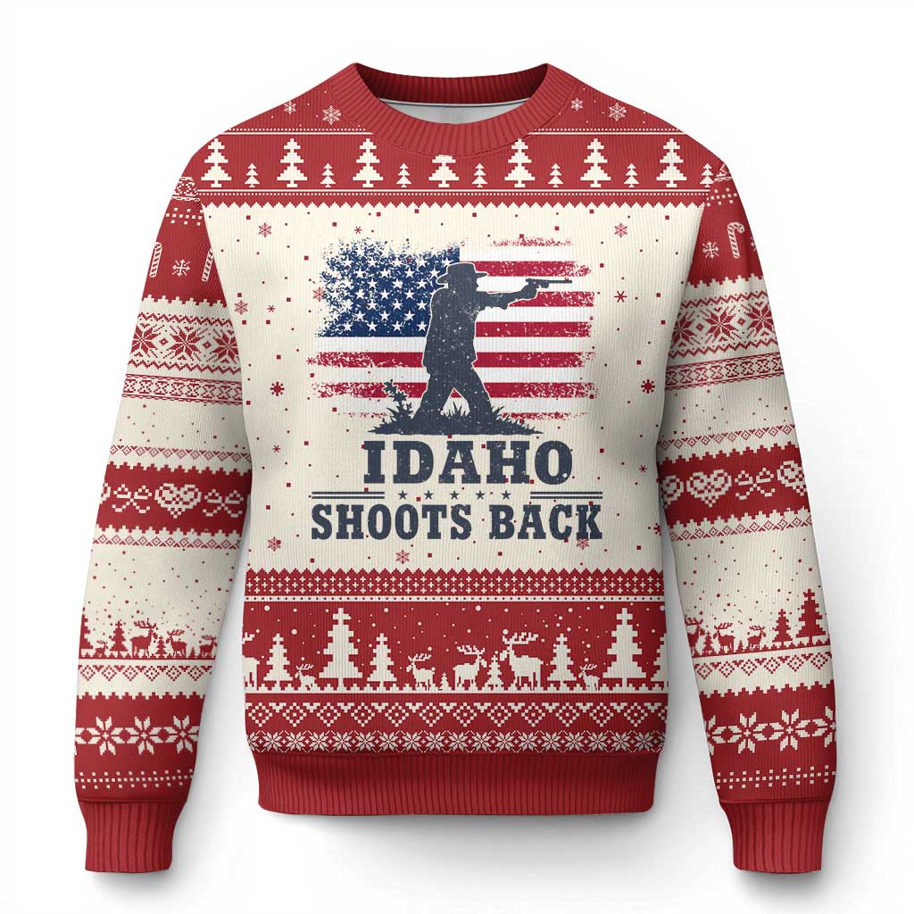 Idaho Shoots Back Distressed American Flag Ugly Christmas Sweater Cowboy Gunslinger Graphic TS02 Beige Red Print Your Wear
