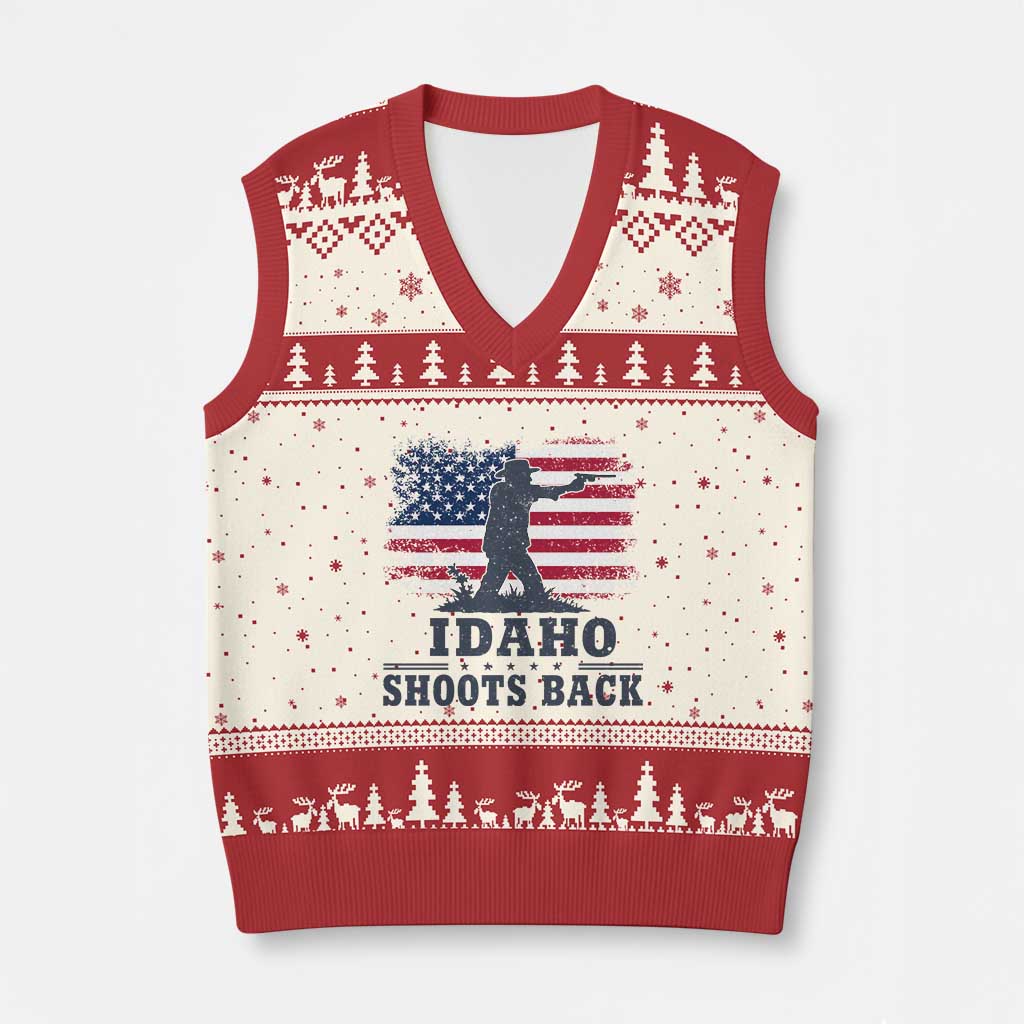 Idaho Shoots Back Distressed American Flag V-Neck Knit Sweater Vest Cowboy Gunslinger Graphic TS02 Beige Red Print Your Wear
