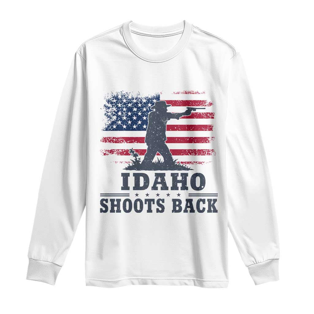 Idaho Shoots Back Distressed American Flag Long Sleeve Shirt Cowboy Gunslinger Graphic TS02 White Print Your Wear