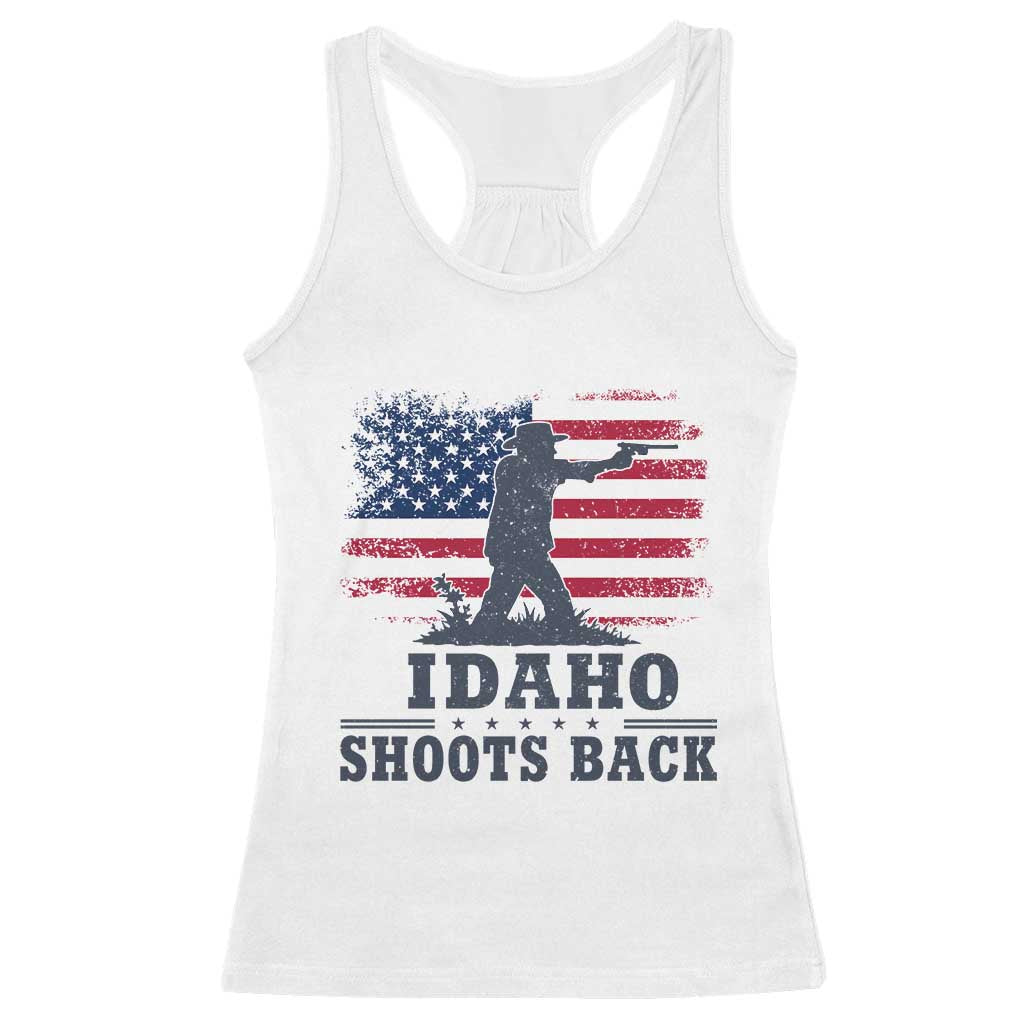 Idaho Shoots Back Distressed American Flag Racerback Tank Top Cowboy Gunslinger Graphic TS02 White Print Your Wear