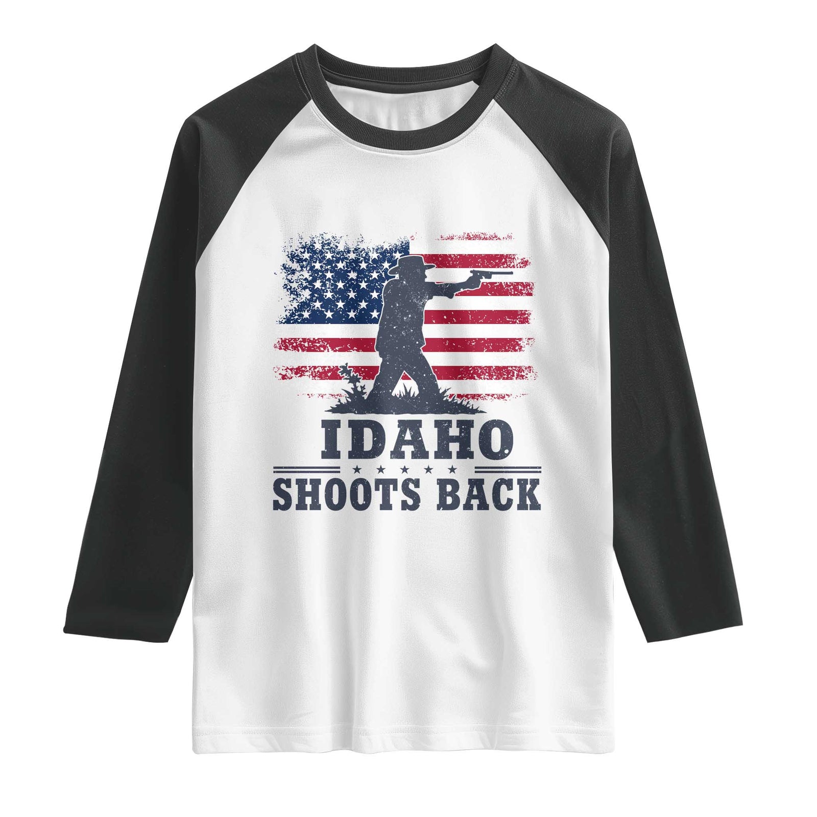Idaho Shoots Back Distressed American Flag Raglan Shirt Cowboy Gunslinger Graphic TS02 White Black Print Your Wear