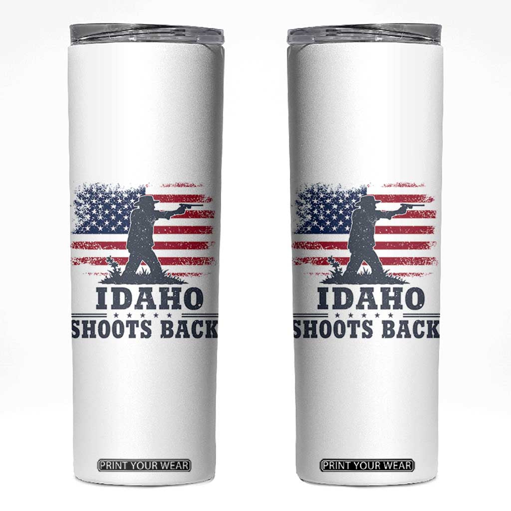 Idaho Shoots Back Distressed American Flag Skinny Tumbler Cowboy Gunslinger Graphic TS02 White Print Your Wear