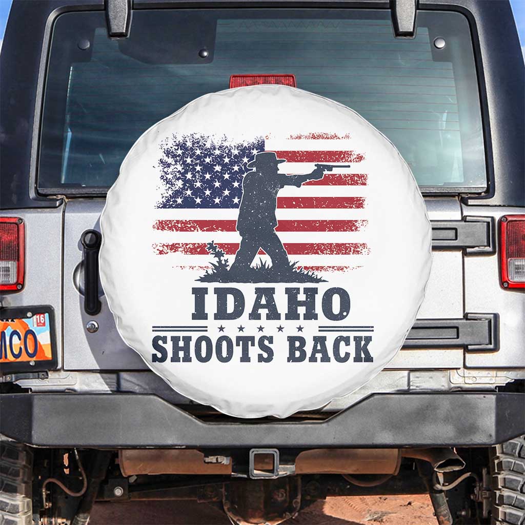 Idaho Shoots Back Distressed American Flag Spare Tire Cover Cowboy Gunslinger Graphic TS02 No hole White Print Your Wear