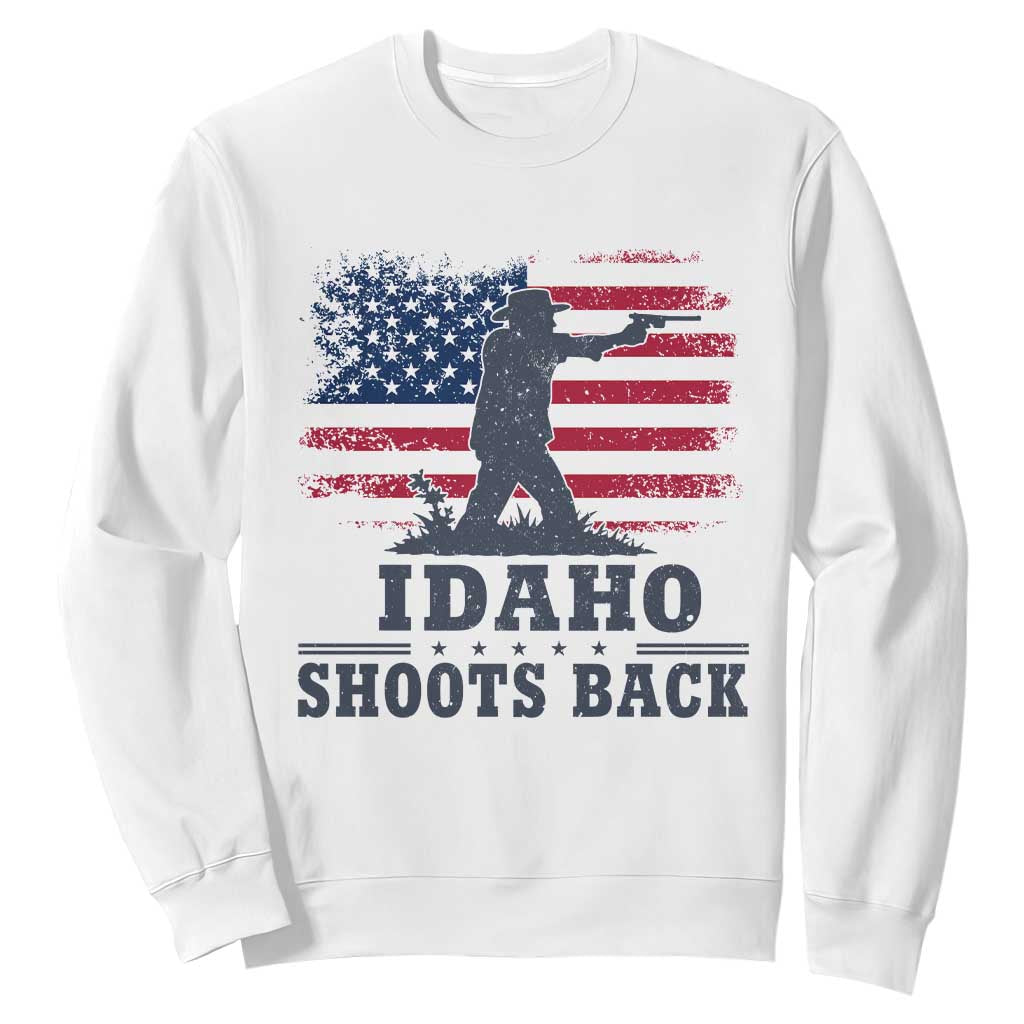 Idaho Shoots Back Distressed American Flag Sweatshirt Cowboy Gunslinger Graphic TS02 White Print Your Wear