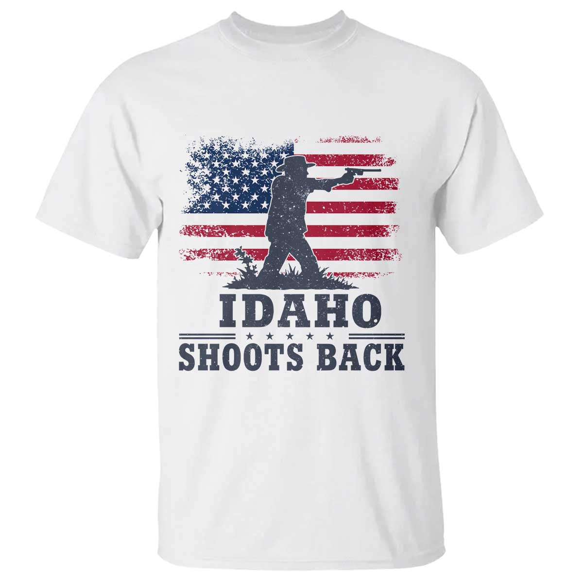 Idaho Shoots Back Distressed American Flag T Shirt Cowboy Gunslinger Graphic TS02 White Print Your Wear