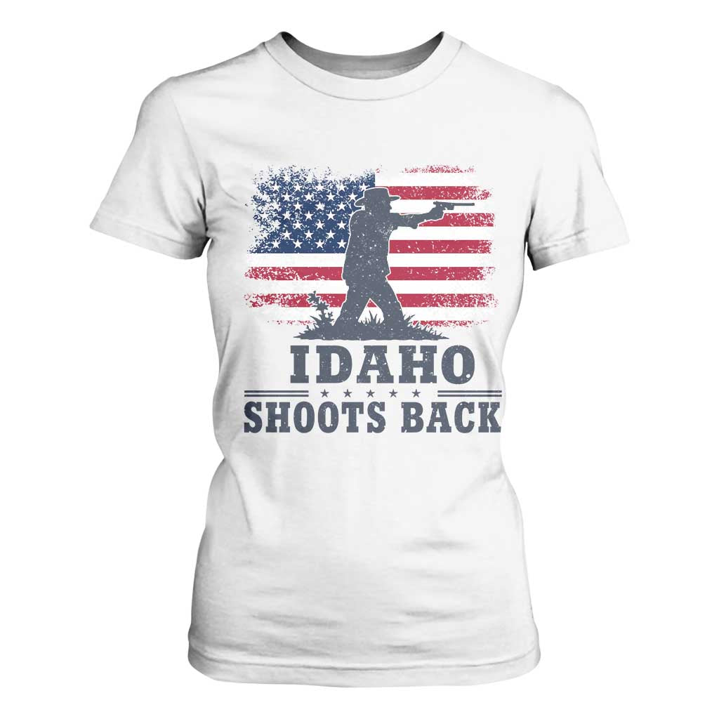 Idaho Shoots Back Distressed American Flag T Shirt For Women Cowboy Gunslinger Graphic TS02 White Print Your Wear