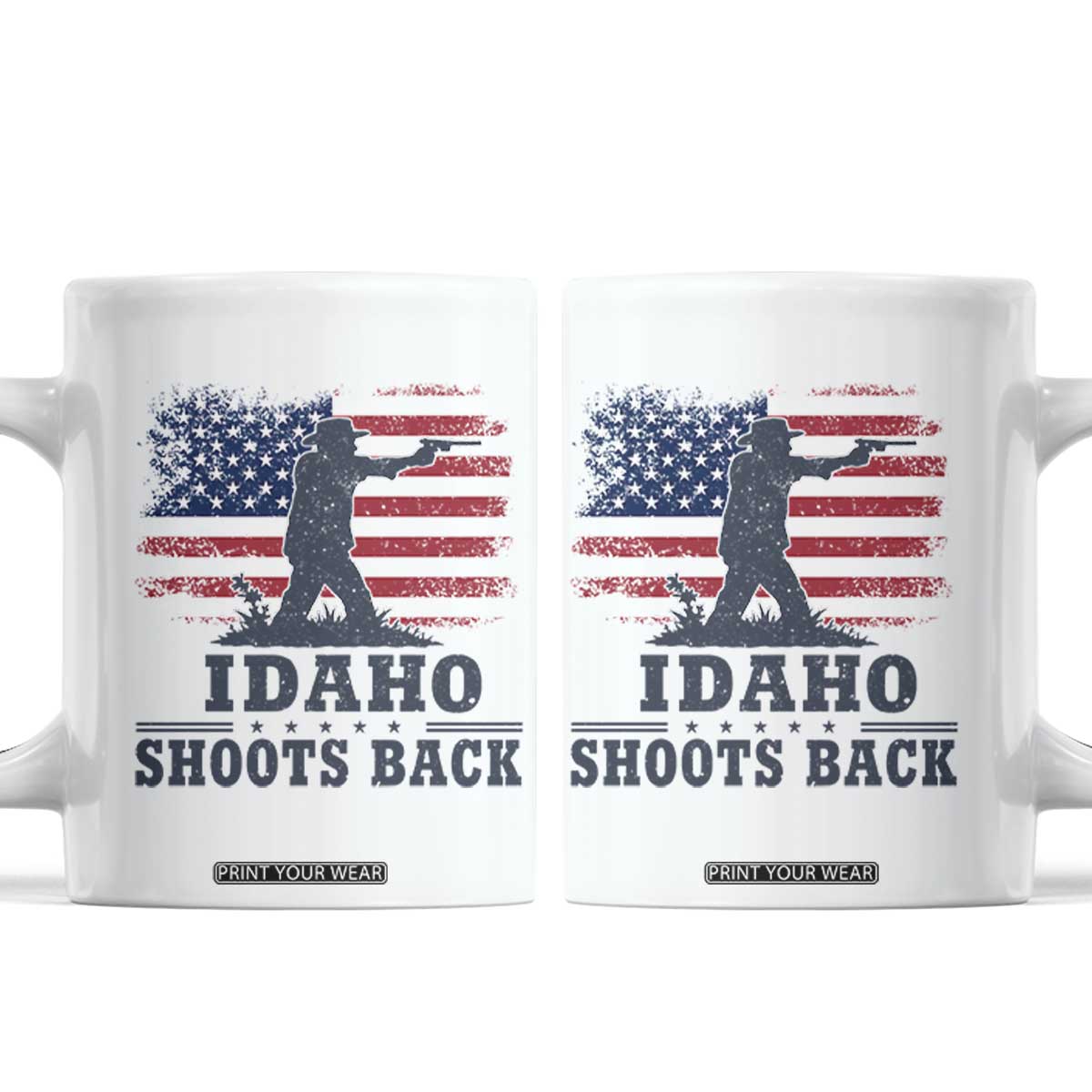 Idaho Shoots Back Distressed American Flag Coffee Mug Cowboy Gunslinger Graphic TS02 White Print Your Wear
