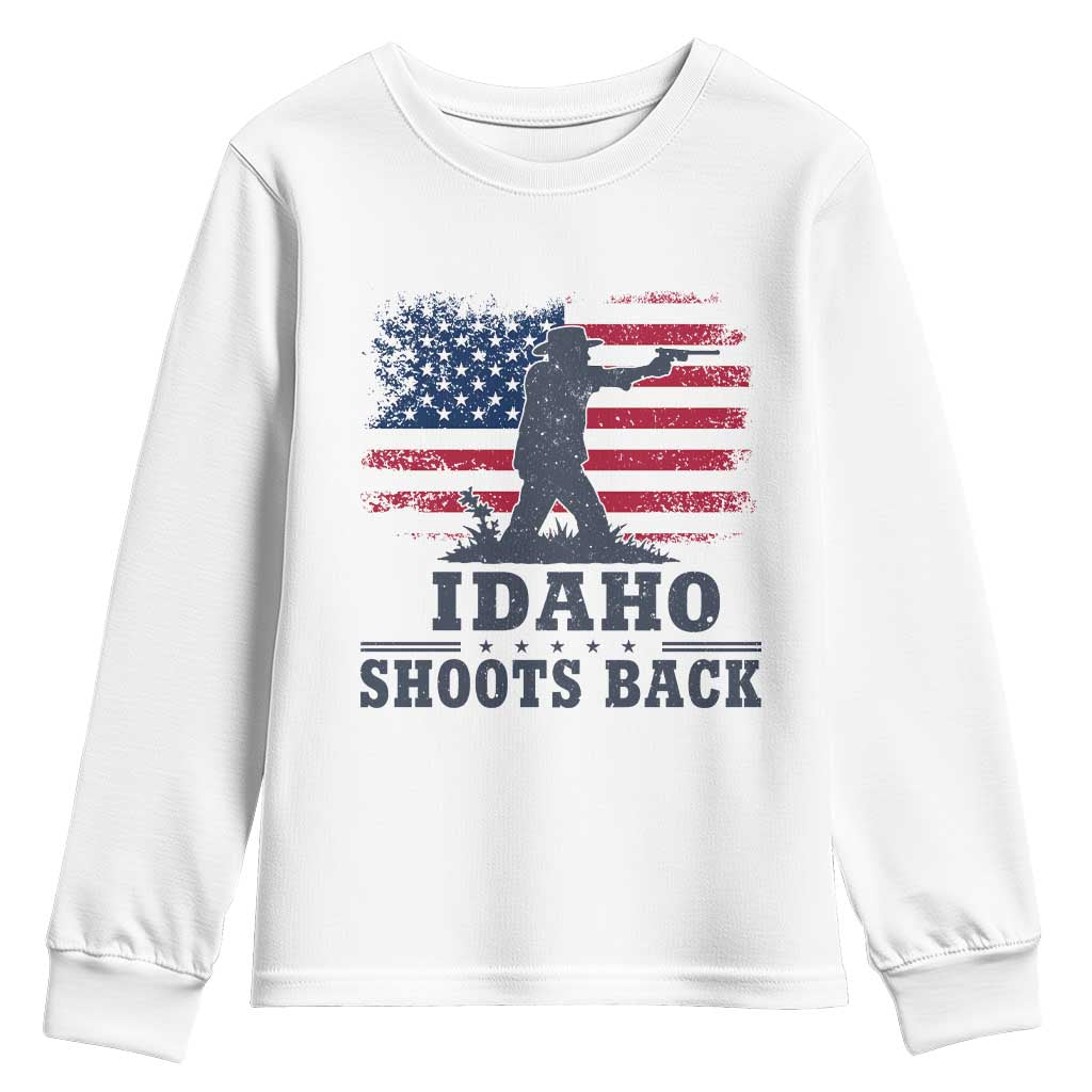 Idaho Shoots Back Distressed American Flag Youth Sweatshirt Cowboy Gunslinger Graphic TS02 White Print Your Wear