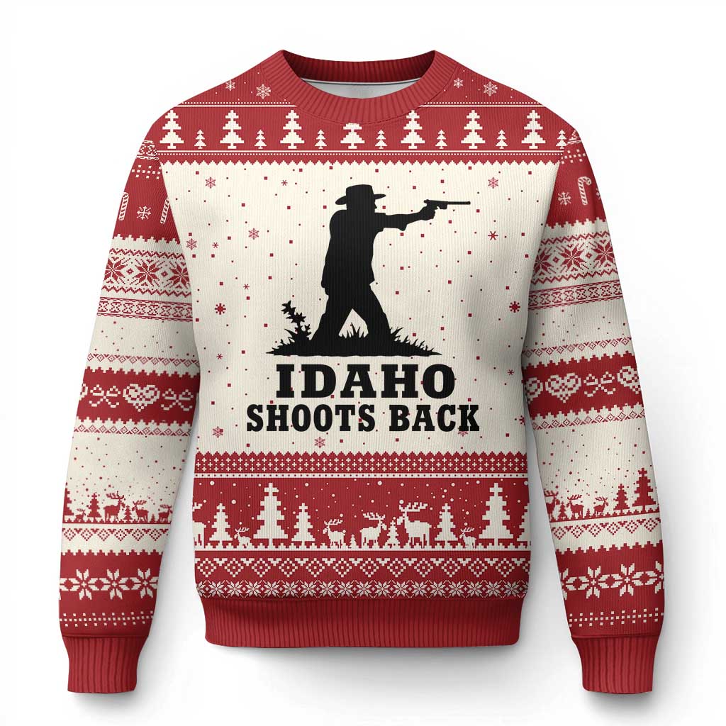 Idaho Shoots Back Minimalist Gunslinger Silhouette State Pride Graphic Ugly Christmas Sweater TS02 Beige Red Print Your Wear
