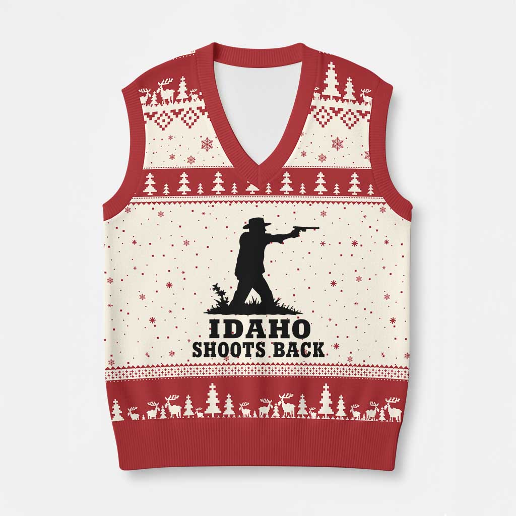 Idaho Shoots Back Minimalist Gunslinger Silhouette State Pride Graphic V-Neck Knit Sweater Vest TS02 Beige Red Print Your Wear