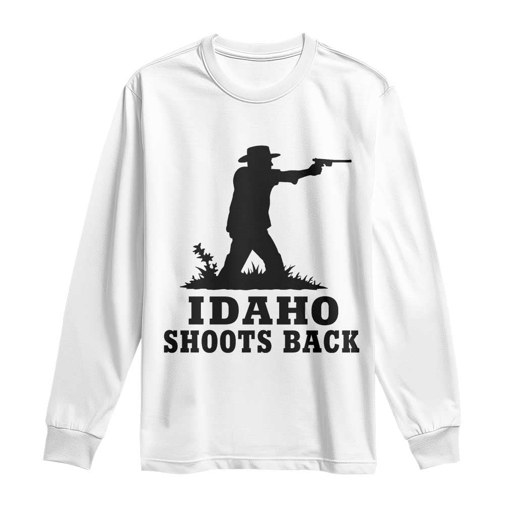 Idaho Shoots Back Minimalist Gunslinger Silhouette State Pride Graphic Long Sleeve Shirt TS02 White Print Your Wear